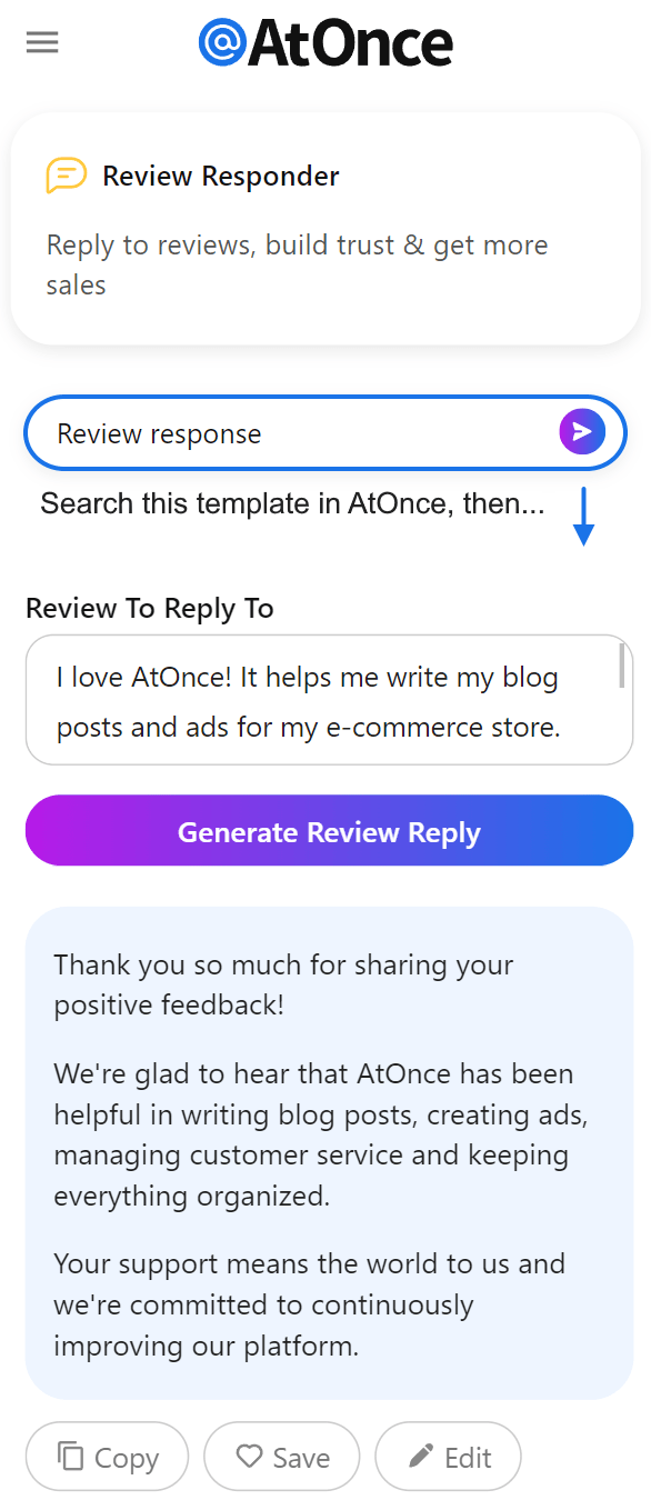 AtOnce AI review response generator